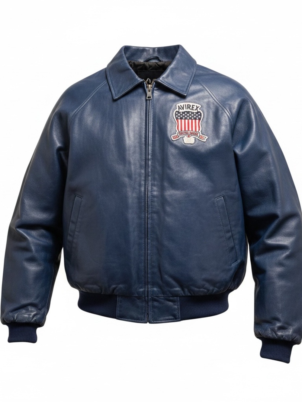 Avirex Navy Blue Leather Bomber Jacket with Crest Patch